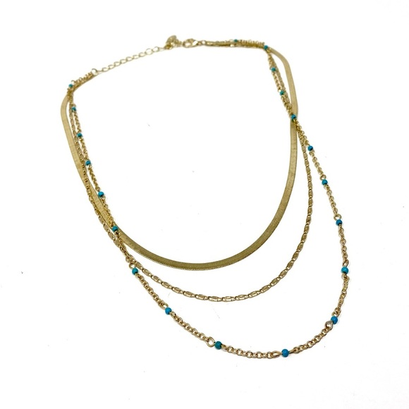 New Free People Everything I Wanted Layered Necklace Gold Blue Stones Turquoise - Picture 7 of 11